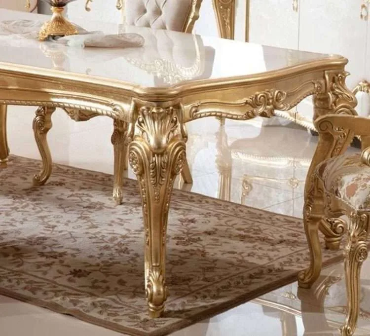OE-FASHION French Neoclassical Rectangular Golden Wood Carved Dining Table