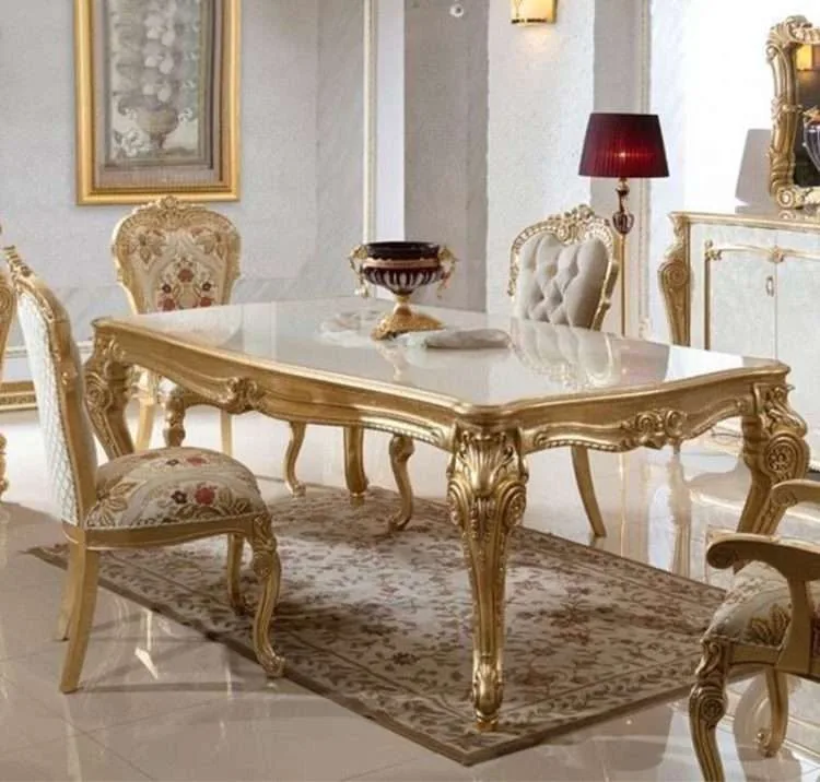 OE-FASHION French Neoclassical Rectangular Golden Wood Carved Dining Table