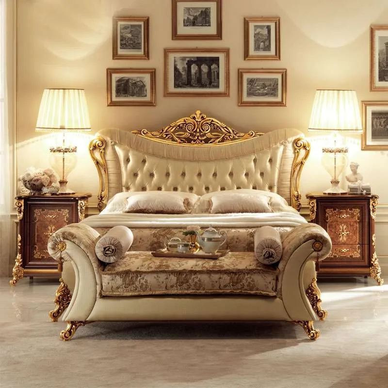 OE-FASHION French French upholstered headboard and frame luxury gold wood carved bed&nbsp;
