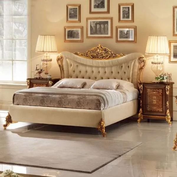 OE-FASHION French French upholstered headboard and frame luxury gold wood carved bed