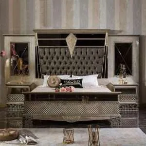 OE-FASHION French High Back Bed King Size Solid Wood Double Fabric Headboard