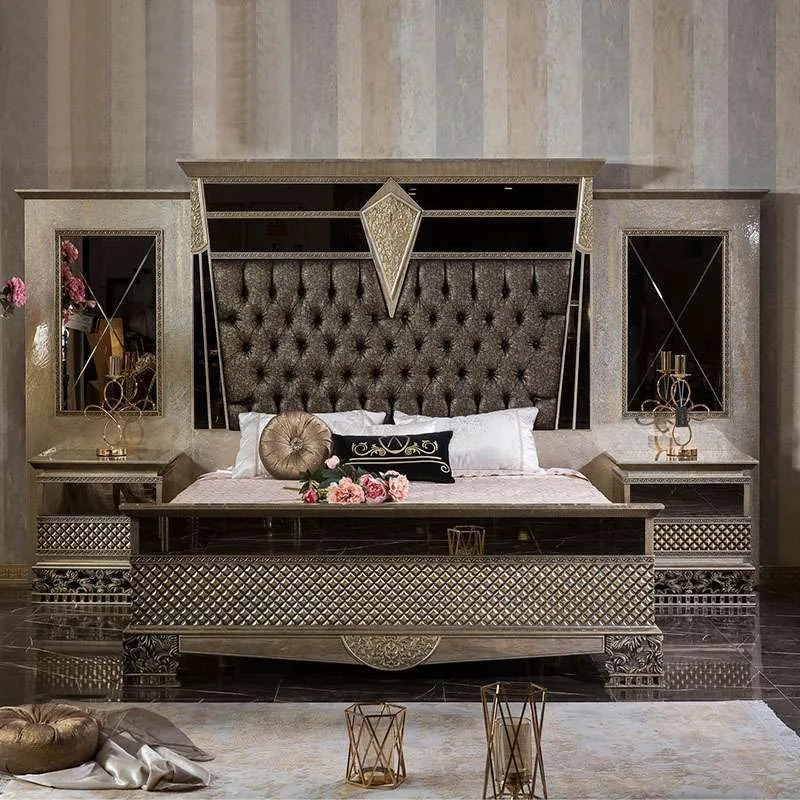 OE-FASHION French High Back Bed King Size Solid Wood Double Fabric Headboard