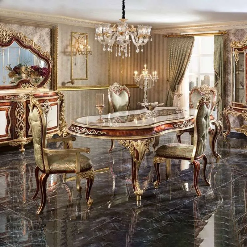 European style oval luxury dining table and 6 chairs
