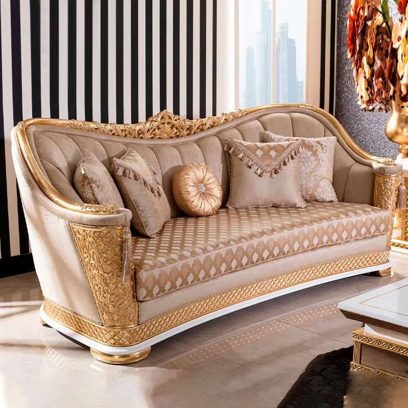 OE-FASHION Luxury wood carved living room sofa gold frame sofa