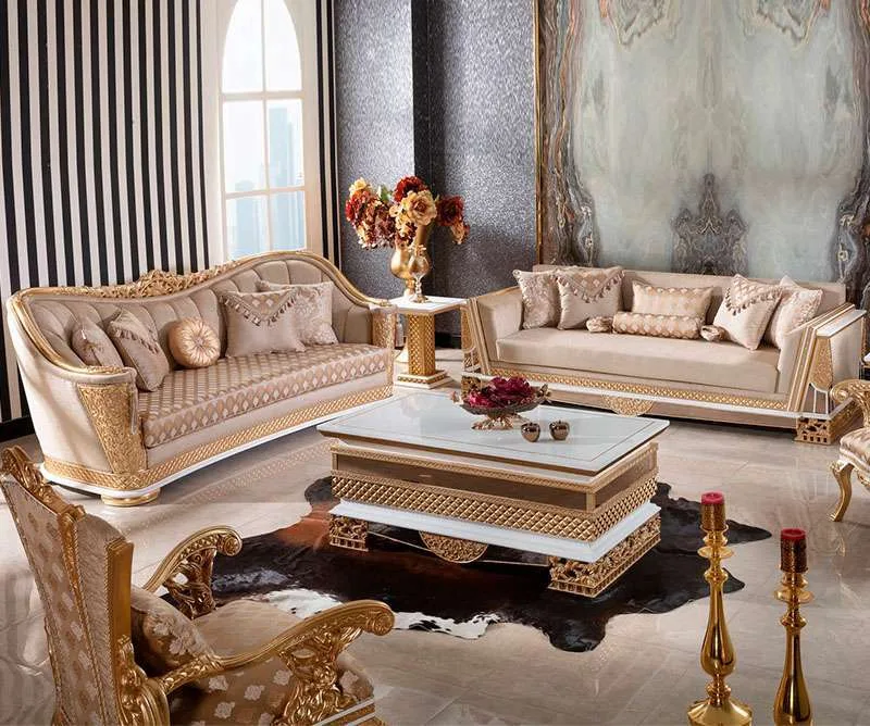 OE-FASHION Luxury wood carved living room sofa gold frame sofa