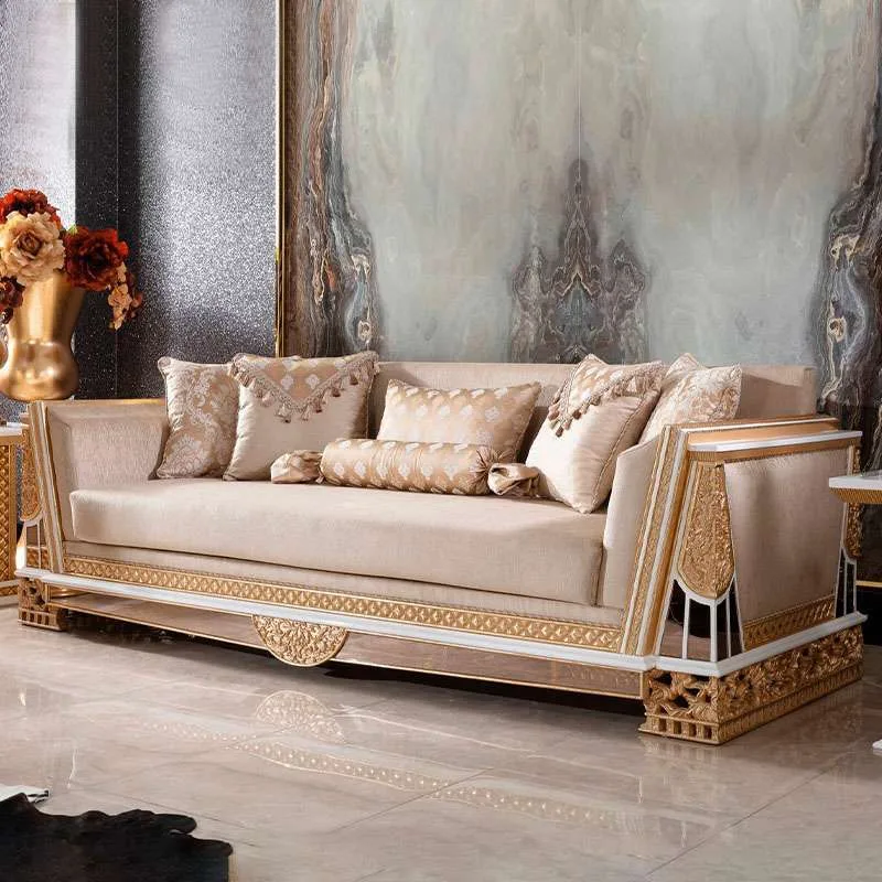 OE-FASHION Luxury wood carved living room sofa gold frame sofa