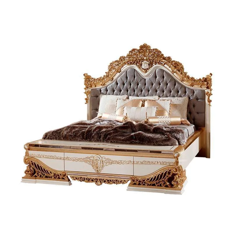 OE-FASHION European style carved wood bed frame king size fabric headboard