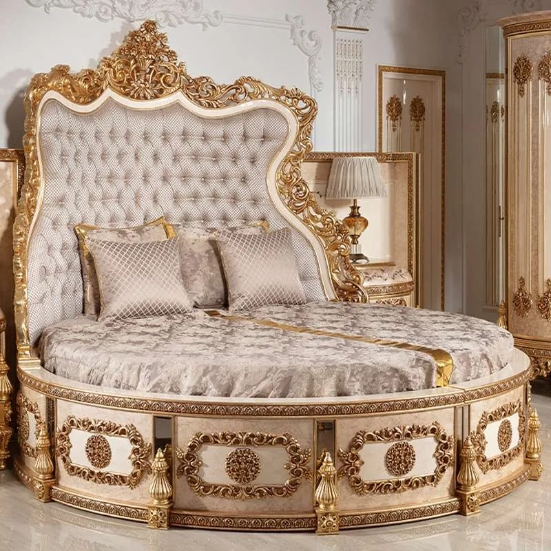 OE-FASHION European style luxury circle bed frame queen size and headboard wooden carved bed