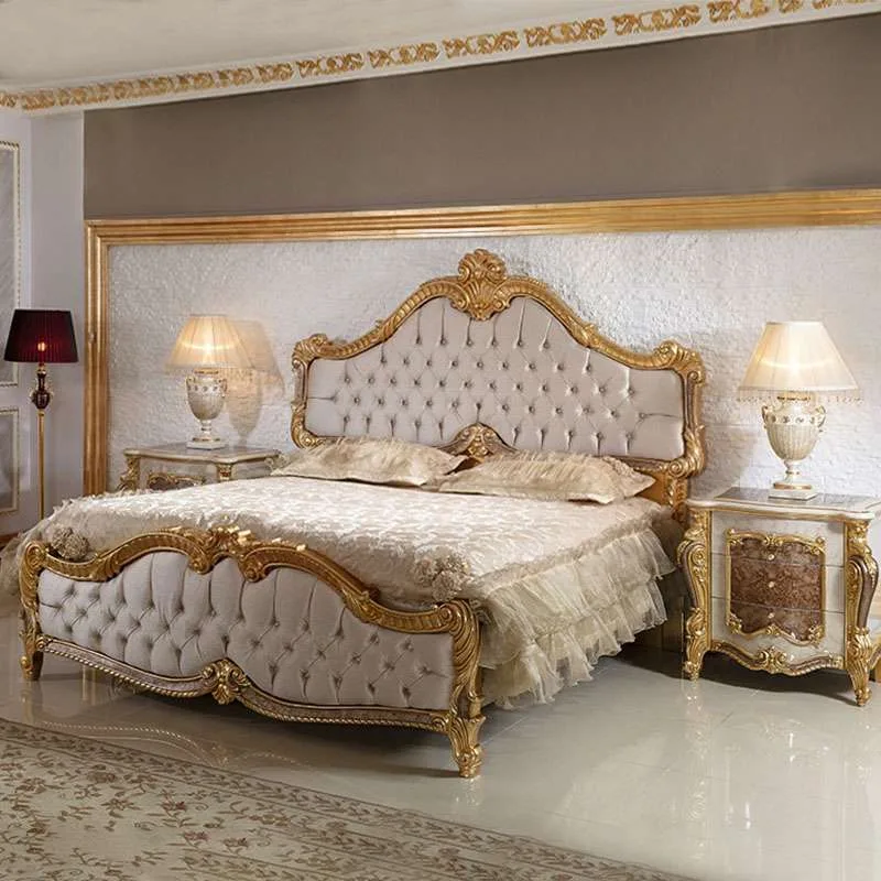 OE-FASHION European style gold wedding bed frame wooden carved bed