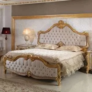 OE-FASHION European style gold wedding bed frame wooden carved bed