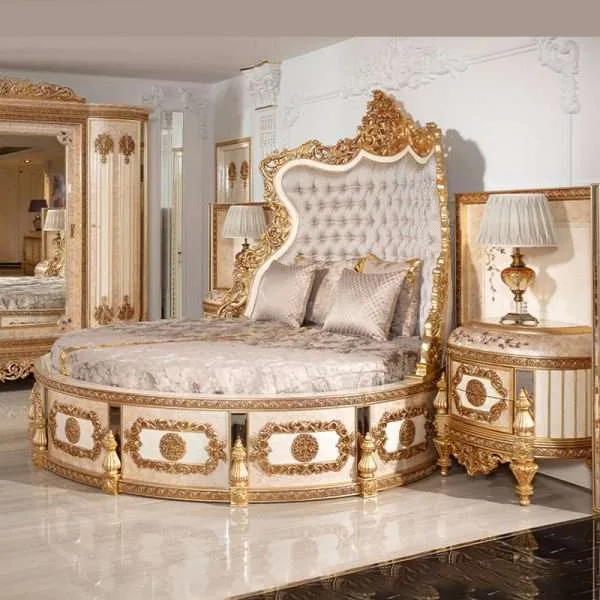Bespoke Gilded Neo-Baroque Round Bed featuring a monumental tufted headboard and segmented marble-effect lacquered base with gold leaf detailing.