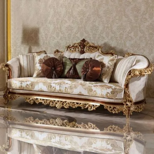 Bespoke Hand-Carved Gilded Rococo Sofa featuring intricate acanthus scrollwork and floral damask upholstery.
