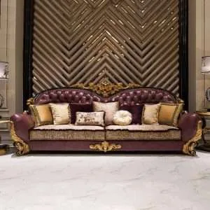 OE-FASHION Luxury Antique carved wood sofa classic leather chesterfield sofa