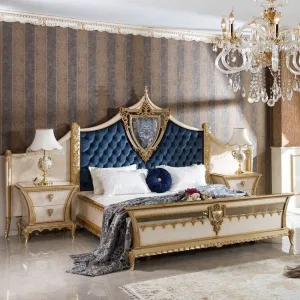 Home 12 OE-FASHION European style royal blue bed frame luxury fabric bed with headboard