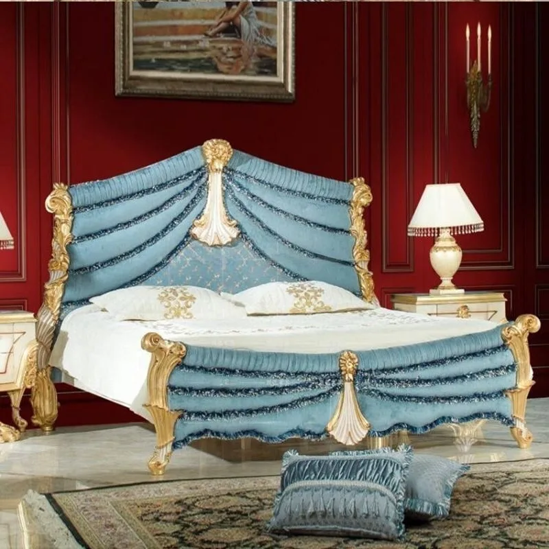 OE-FASHION European style wood carved bed frame luxury fabric princess bed