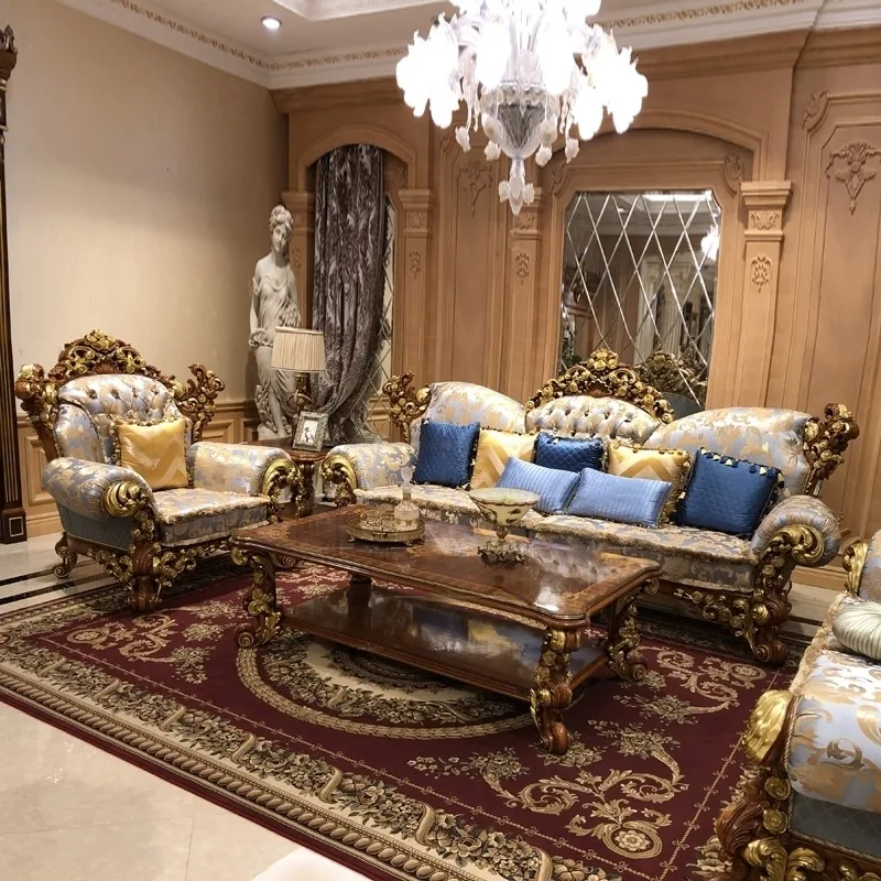 OE-FASHION Luxury European-style gold leaf upholstery fabric sofa 1+2+3&nbsp; seat hand carved sofa