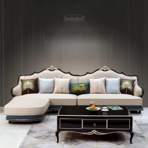 Home 13 OE-FASHION Luxury European-style leather sofa with footrest 6 seater wood carved sofa