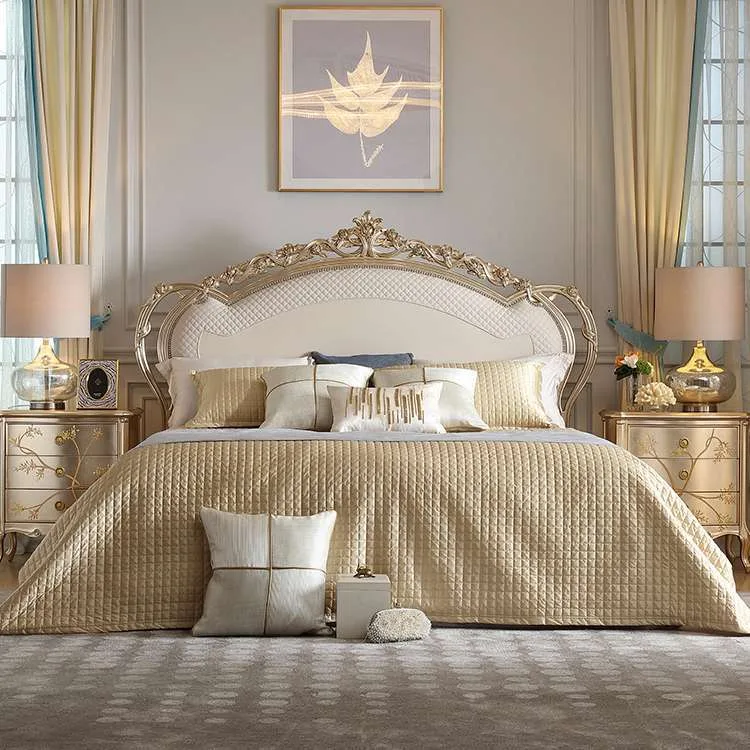 Champagne Gold Rococo Bed with Pierced Rose Crest