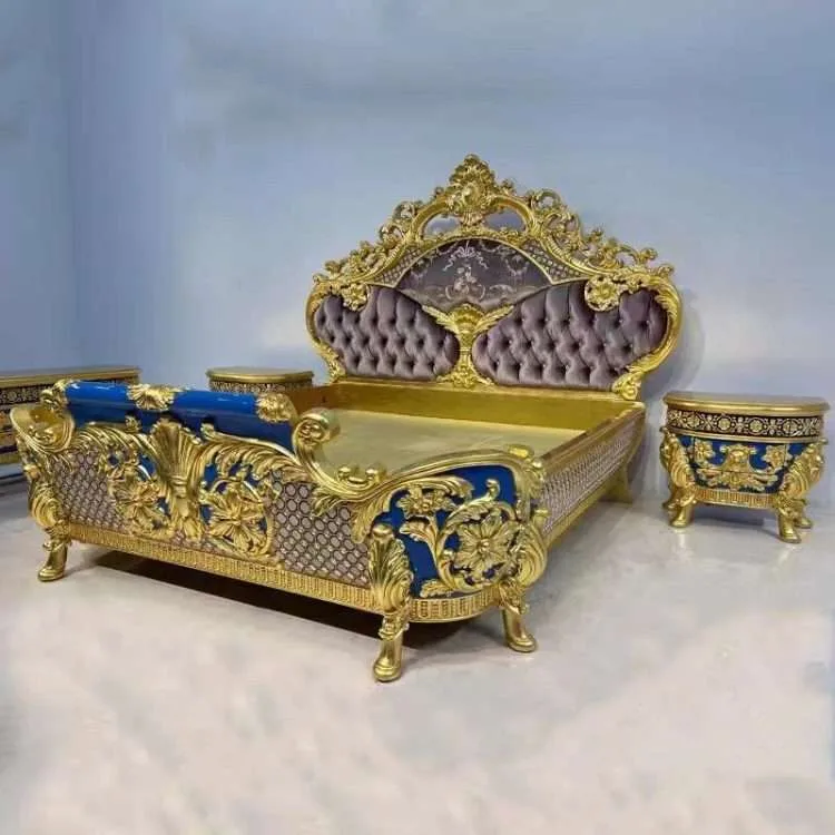 Luxury classic wooden bed interior design, handmade carved queen headboard with bed frame, unique wooden bed design ideas