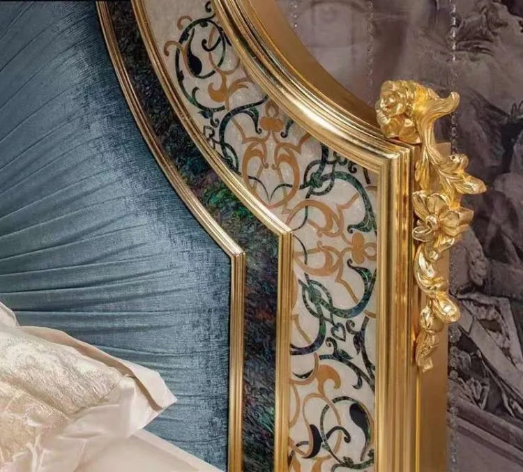 Luxury classic French double vs full bed, solid wood  carved wedding bed design with flower， Amazing Paste Shell Craft Bed