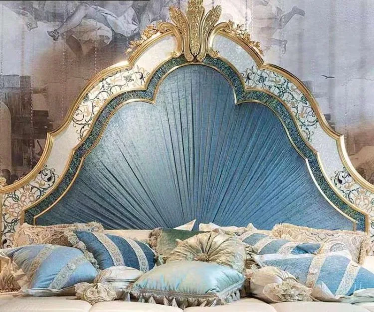 Luxury classic French double vs full bed, solid wood  carved wedding bed design with flower， Amazing Paste Shell Craft Bed