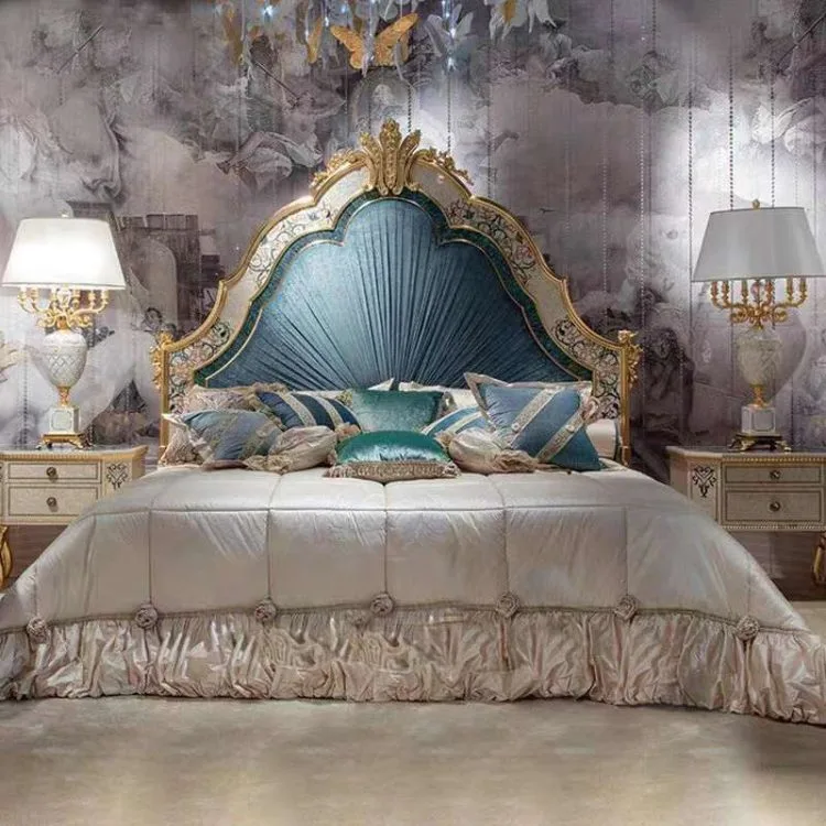Luxury classic French double vs full bed, solid wood  carved wedding bed design with flower， Amazing Paste Shell Craft Bed