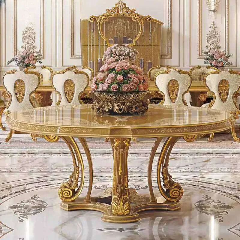 OE-FASHION luxury 54 inch round dining table, custom 6-8 person dining table set, round dining table with gold base for