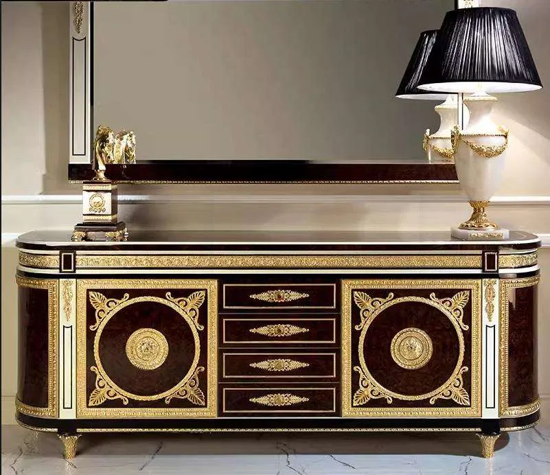 Empire High-Gloss Mahogany Credenza with Gilded Medallions