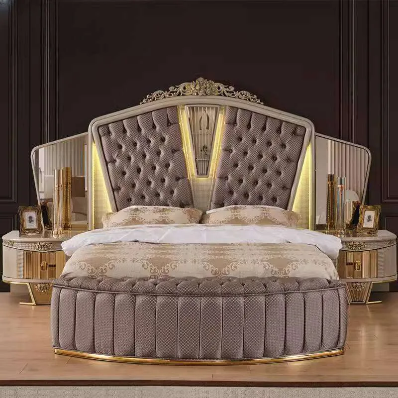 Illuminated Split-Wing Tufted Bed with Fluted Gold Accents
