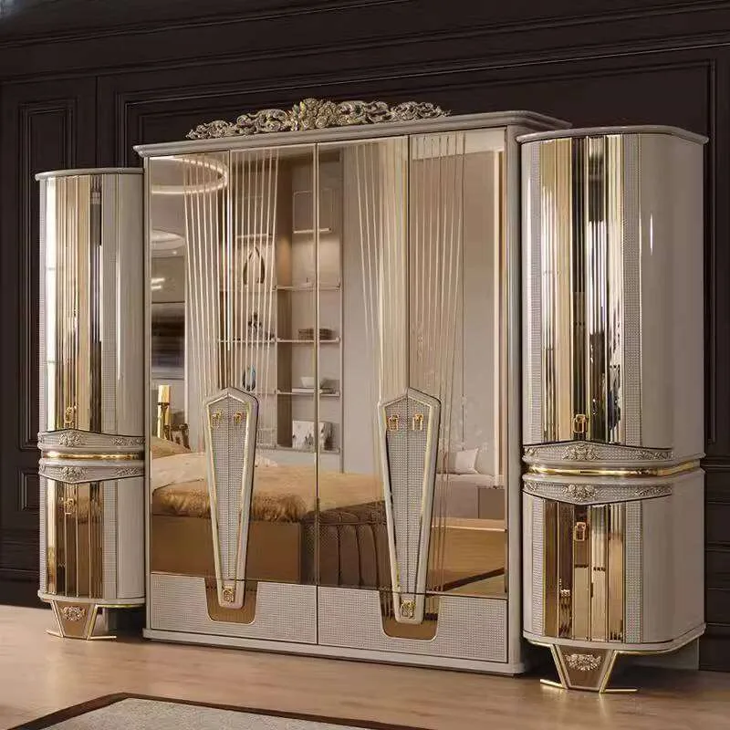 OE-FASHION custom Luxury classic antique wardrobe closet with mirror, solid wooden carved free standing 4 door wardrobe