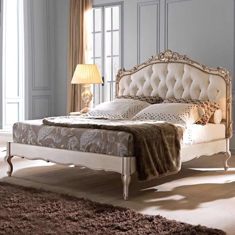 French Provincial Antique White Bed with Gold Shell Cresting