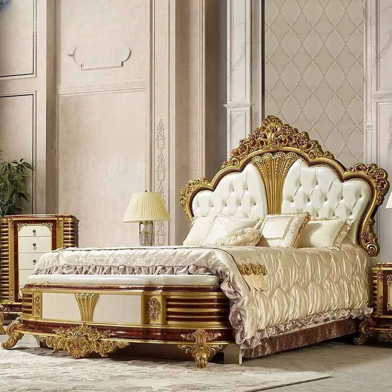 Baroque Walnut & Gold Bed with Split-Tufted Leather Headboard detail view – Beds design