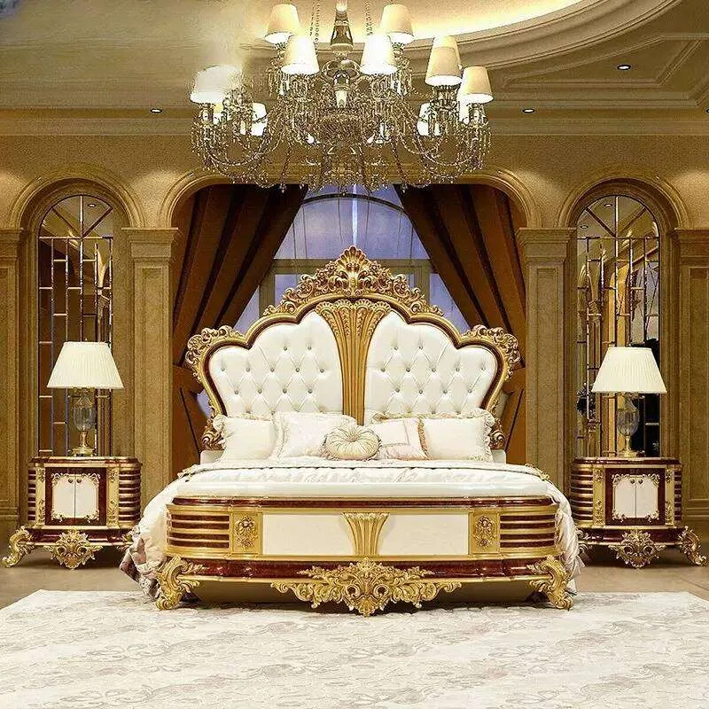 Baroque Walnut & Gold Bed with Split-Tufted Leather Headboard material texture – Beds design