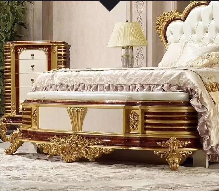Baroque Walnut & Gold Bed with Split-Tufted Leather Headboard detail view – Beds design