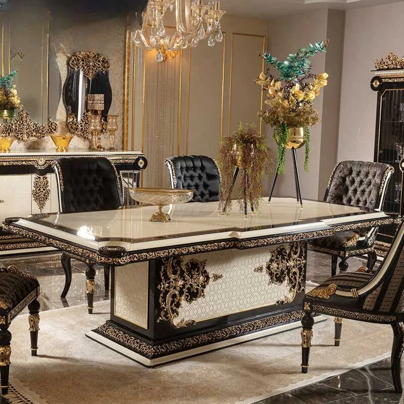 OE-FASHION Luxury Neoclassical solid wood carved dining table, Custom rectangular dining table, hand carved dining table