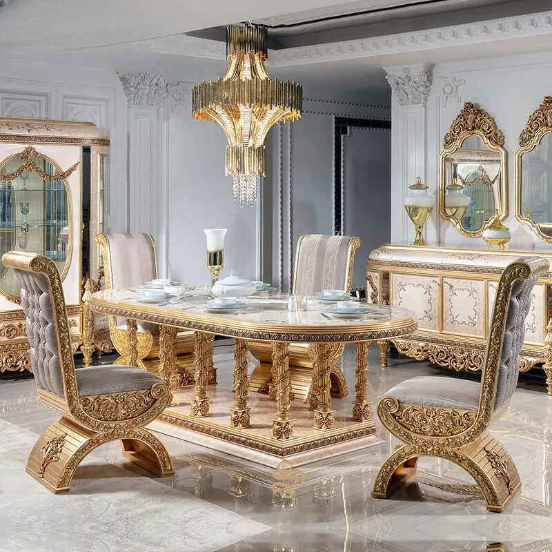 Rococo Scroll-Base Dining Suite with Marble Inlay