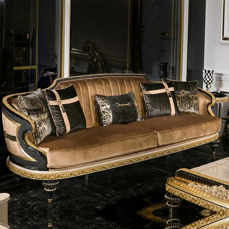 Art Deco Bronze Velvet Sofa with Gold Mirror Vertical Slats