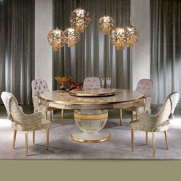 OE-FASHION Elegant Golden Accented Rotating Centerpiece Table with Upholstered Armchairs, Luxury traditional dining table,   hand carved dining table and chairs for Interior Decoration Design Ideas