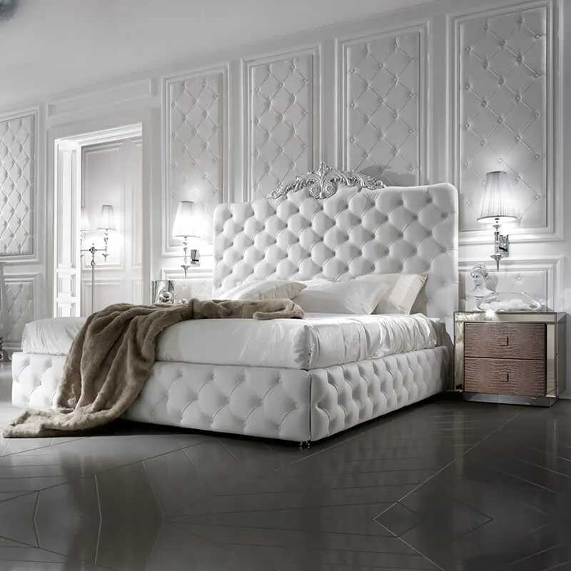 Neoclassical White Leather Bed with Silver Leaf Cresting