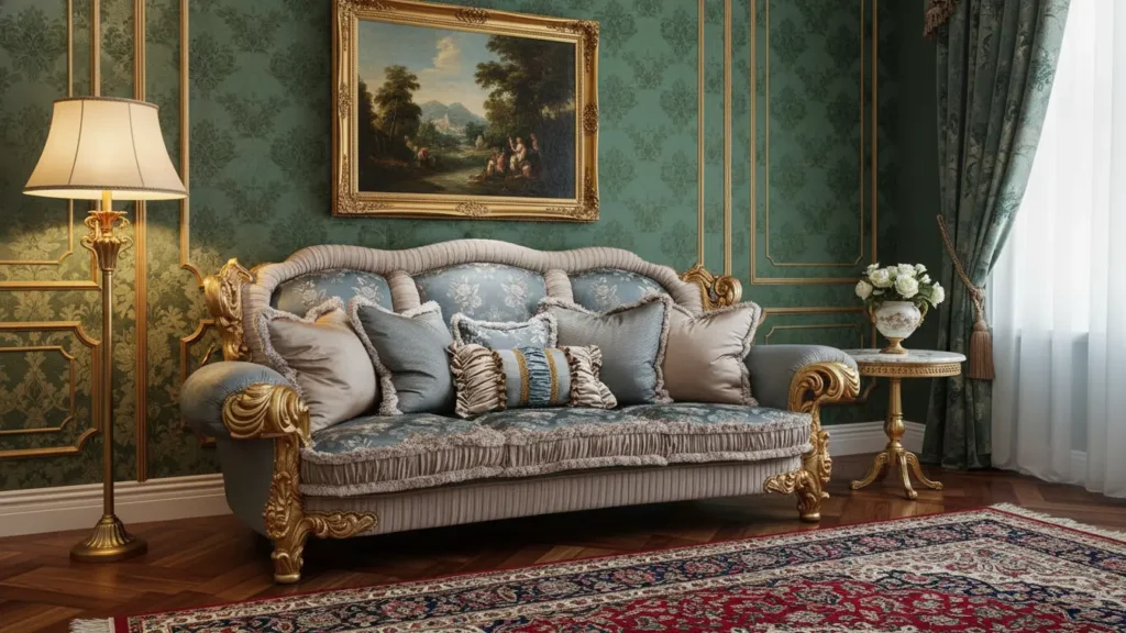Bespoke Blue Jacquard Gilded Sofa Suite: Heritage Seating