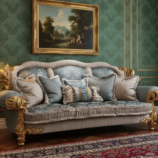 Bespoke Blue Jacquard Gilded Sofa Suite featuring a serpentine crest rail, mixed satin and floral damask upholstery, and gold-leafed cabriole legs.