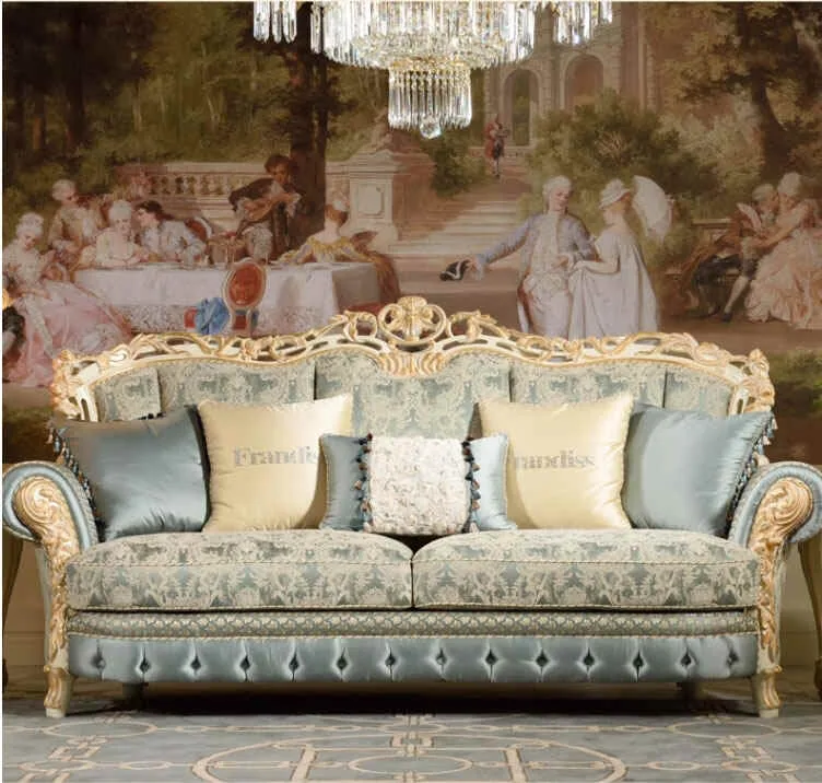 OE-FASHION Blue Sectional Sofa: Luxurious European Style with Handcrafted Wood & Gold Foil | Customizable & Globally Delivered