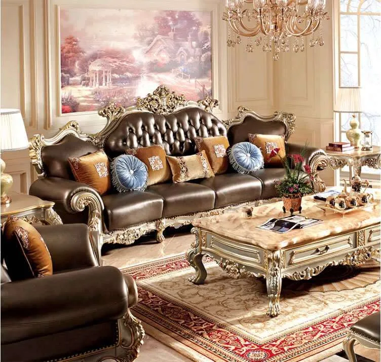 Baroque Brown Leather Sofa with Champagne Gold Scrollwork detail view – Sofas & Couchs design