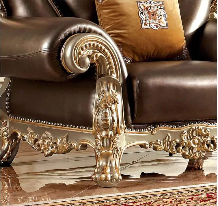Baroque Brown Leather Sofa with Champagne Gold Scrollwork craftsmanship close-up – Sofas & Couchs design