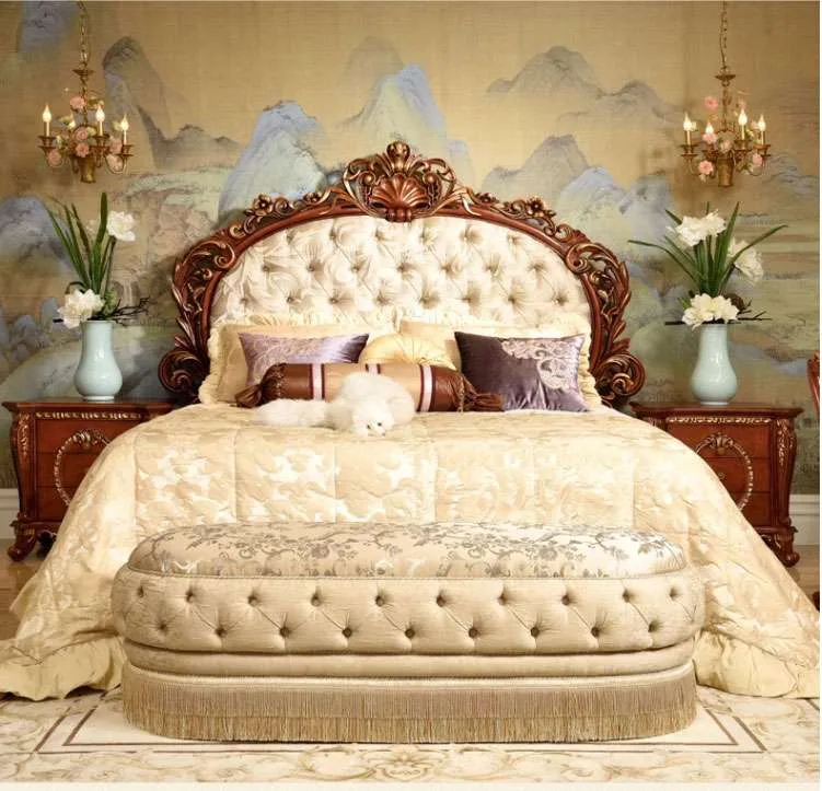 OE-FASHION Exquisite European Solid Wood & Classic Fabric Double Beds | French Palace-Inspired Princess Beds