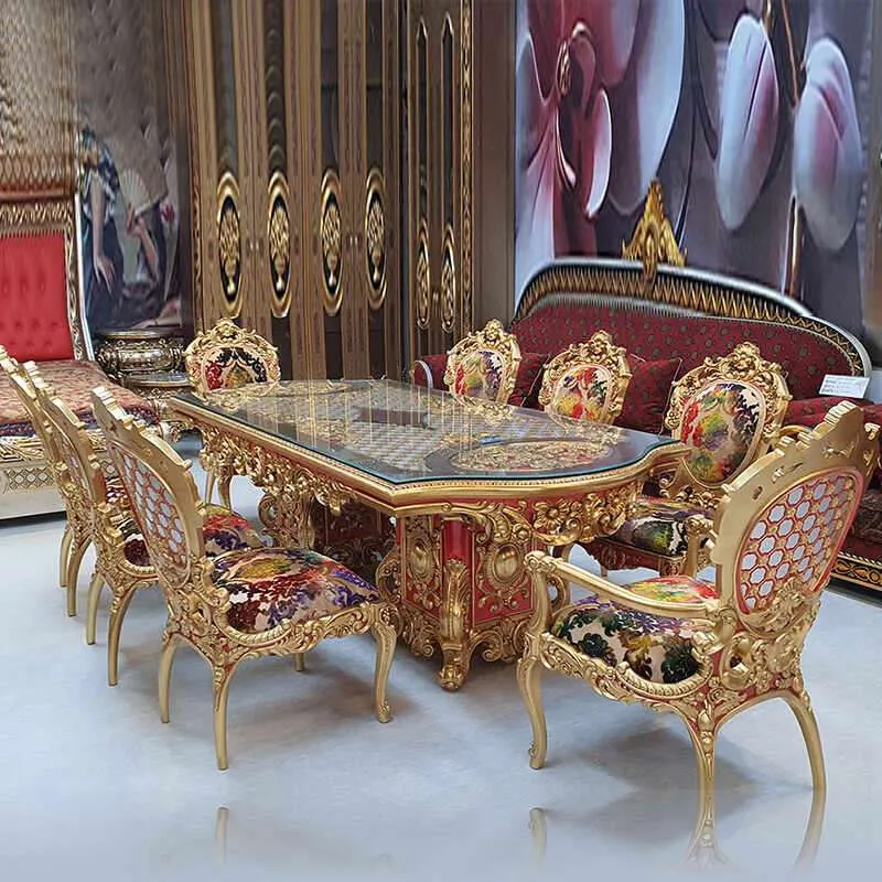 Royal Baroque Glass-Top Dining Table anchors the room with a tempered glass surface revealing a metallic honeycomb lattice