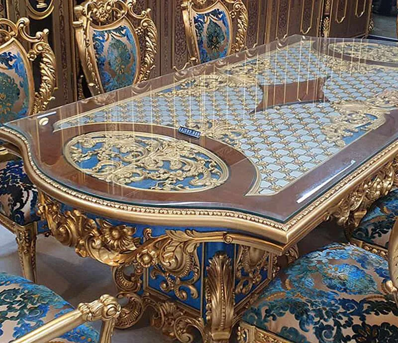 Royal Baroque Glass-Top Dining Table with Metallic Lattice craftsmanship close-up – Dining tables design