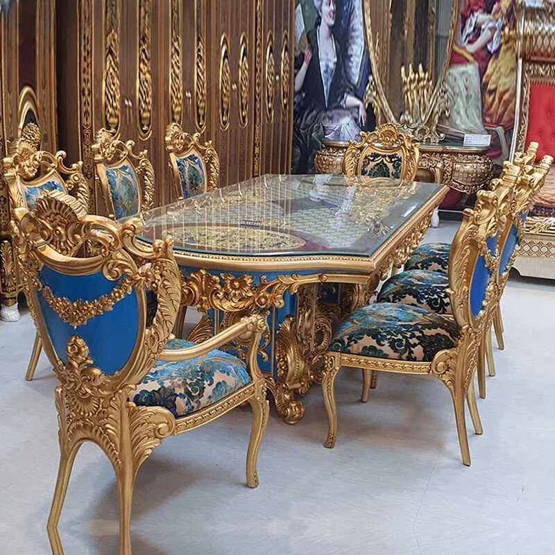 Royal Baroque Glass-Top Dining Table with Metallic Lattice detail view – Dining tables design for Dining Room Ensemble