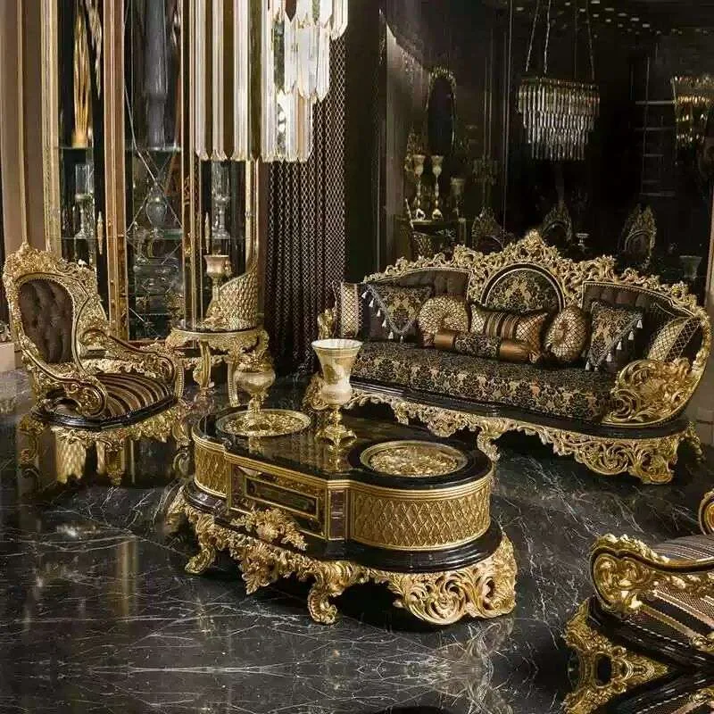 Gilded Black Lacquer Baroque Sofa Set – Opulent Salon Suite detail view – Sofas & Couchs design