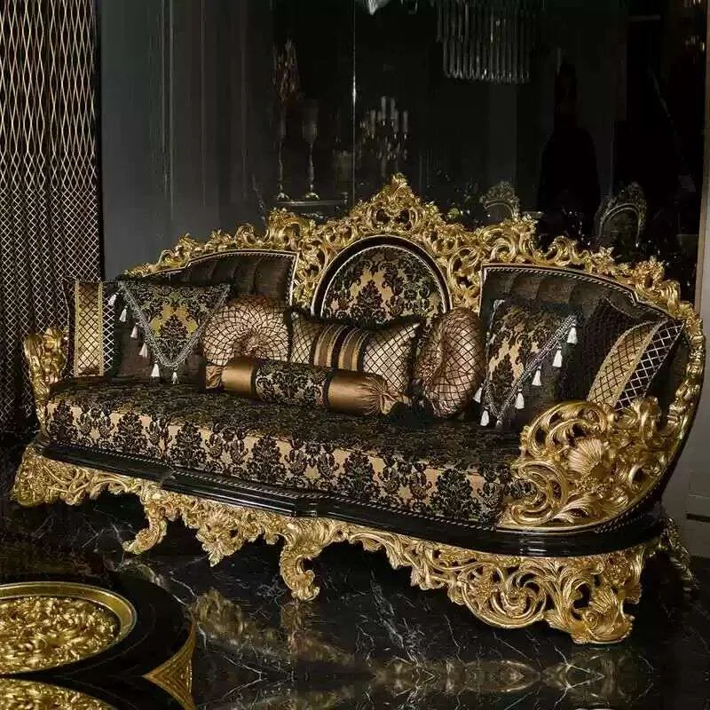 Gilded Black Lacquer Baroque Sofa Set &ndash; Opulent Salon Suite